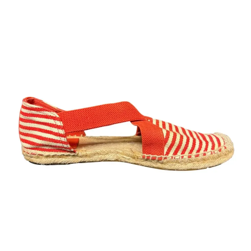 Tory Burch Striped Strappy Espadrille Flats Orange White Canvas Logo Size 8